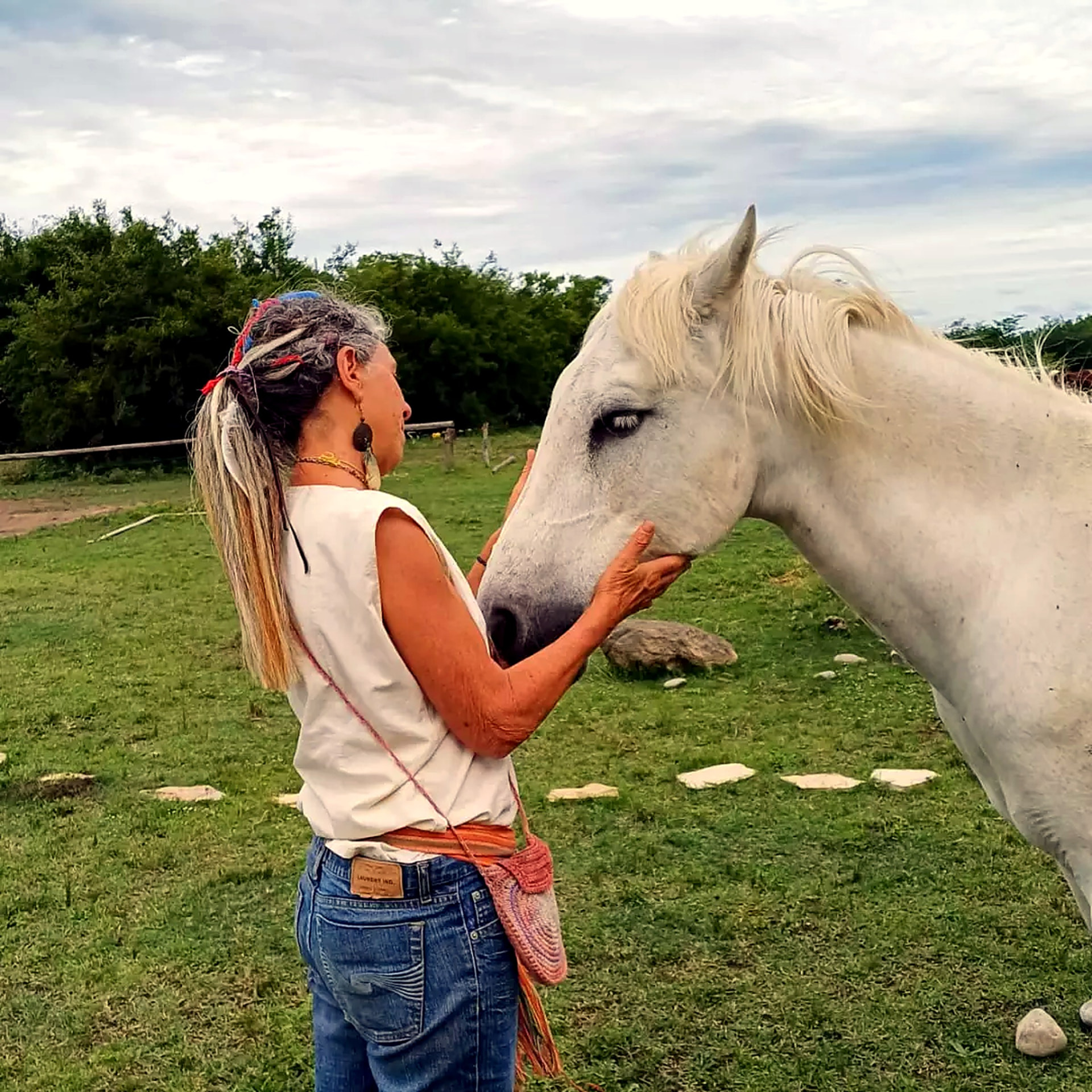 Huma acaricia suavemente a un caballo blanco en el campo abierto del santuario