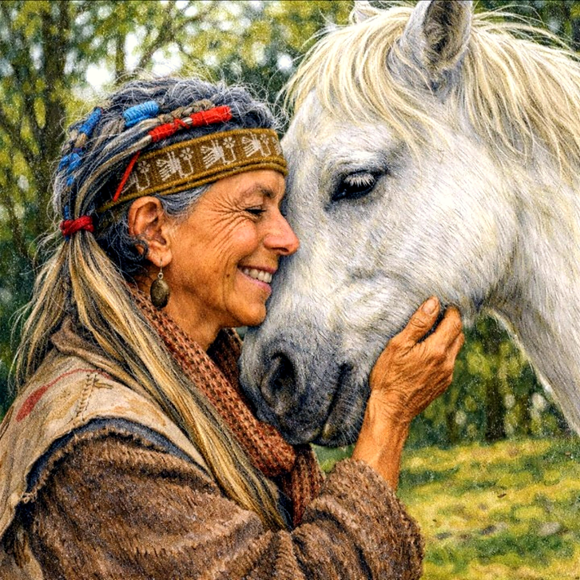 Huma Abud apoya su frente sobre la cabeza de un caballo blanco, sonriendo